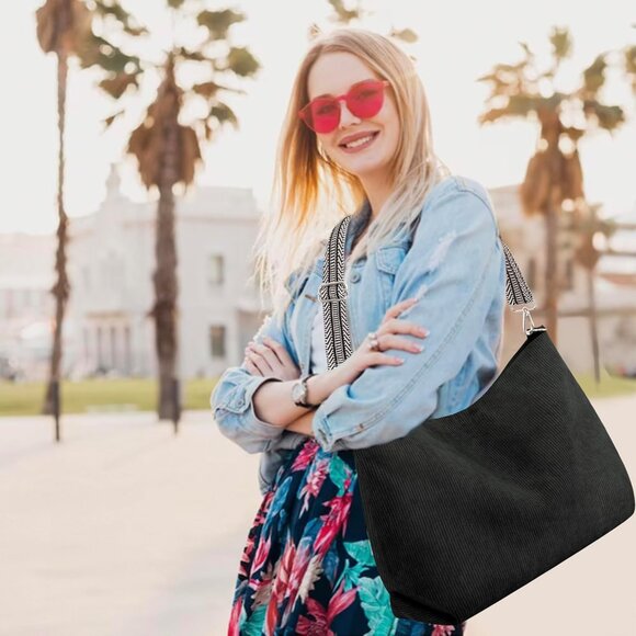 Women’s Black Corduroy Tote Shoulder Bag with Adjustment Straps And Zipper - Picture 6 of 7